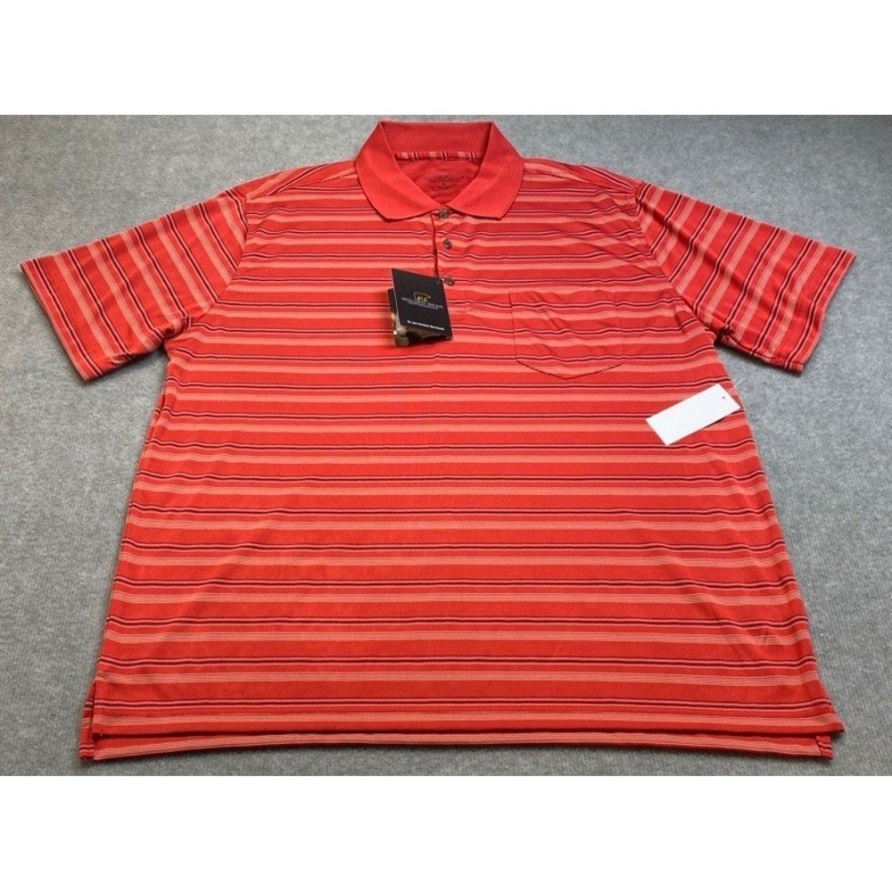 NWT Golden Bear Performance Polo Shirt Mens XL Red Striped Short Sleeve Pocket